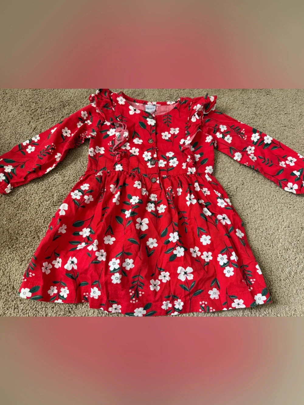 Carter’s Girls Size 18m Red Ruffled Floral Dress Outfit Long Sleeves Flowers